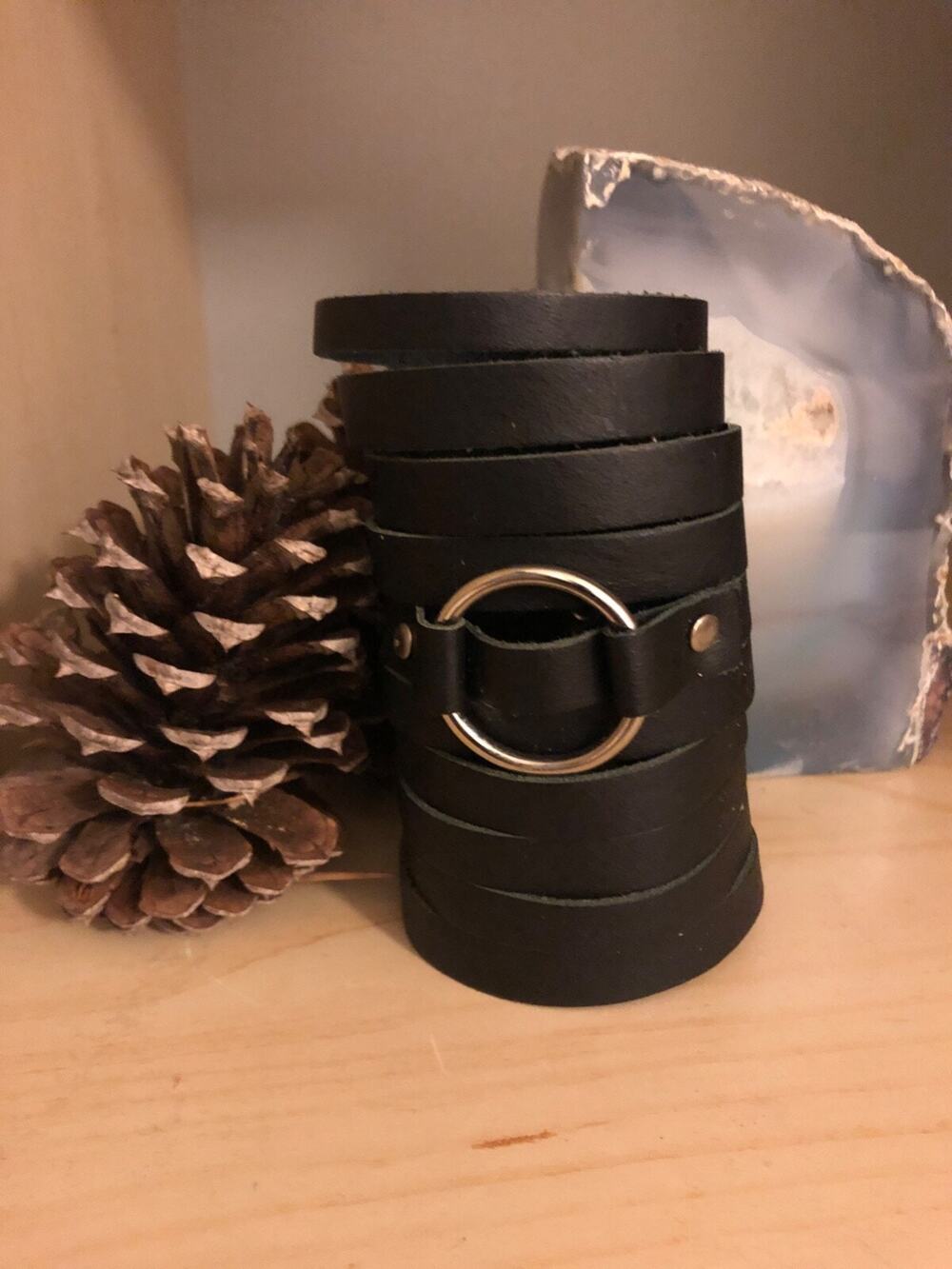 Handcrafted Black Leather Fringe Bracelet with Metal Ring
